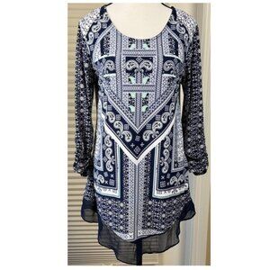 Style & Co. Tunic Size M Paisley Geometric Boho Lightweight Blue & White Women's